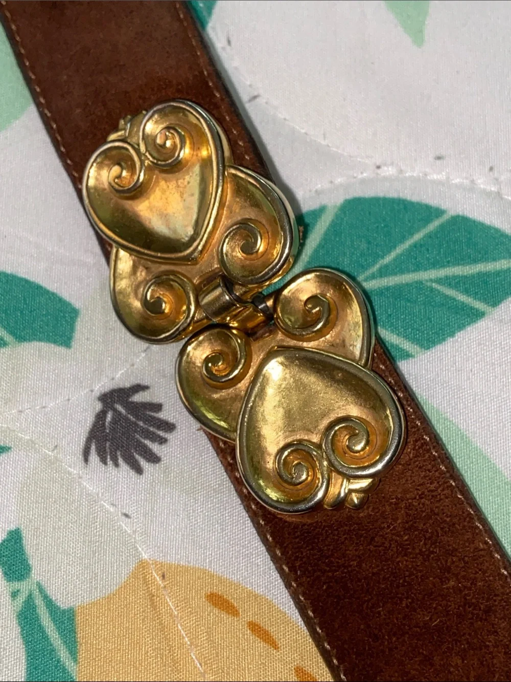 Vintage 90s Brighton TWEED HEARTS Brown Leather Link Belt Gold Ornate